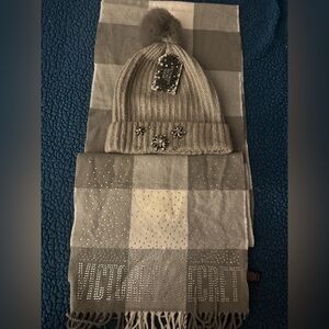 NEW Victoria's Secret Gray Beanie and Scarf Set with Embellishments